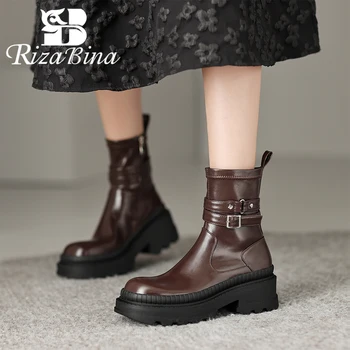 RIZABINA/ Женские ботильоны На молнии и массивном каблуке, нескользящие Мотоциклетные ботинки с пряжкой на ремне, Дизайнерские ботинки на платформе, 2023, зимняя теплая обувь