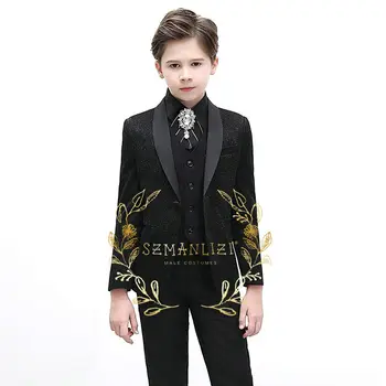 Модный свадебный костюм для мальчиков, блестящая черная куртка, брючный жилет, комплект из 3 предметов, вечернее платье с воротником-шалью, детский блейзер, комплект