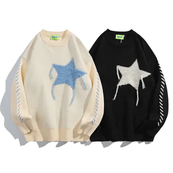 Жаккардовый вязаный свитер с круглым вырезом и рисунком звезды на высокой улице, Свободный Мужской Свитер Y2K в корейском стиле, Зимний Новый свитер для пары, женский