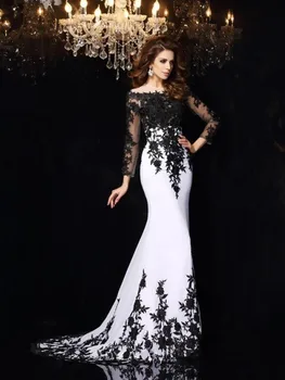 Халат De Soiree Черно-белый вечерний С длинным рукавом и шлейфом, Аппликации, атласное платье для выпускного вечера 2022, платья для матери невесты