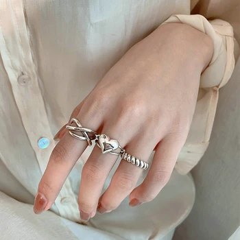 Модные сердечки серебристого цвета в стиле панк, набор колец для женщин и девочек, Полые металлические кольца с бабочкой на палец, ювелирные аксессуары, подарки
