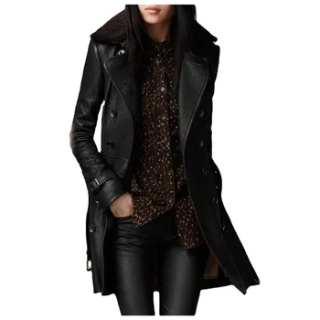 Британская женская кожаная куртка с меховым воротником средней длины, мотоциклетная утолщенная кожаная куртка, приталенная куртка