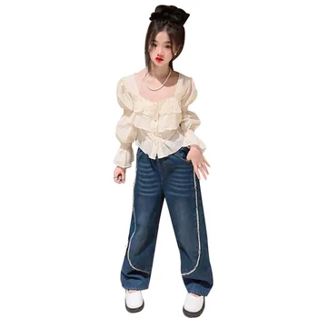 Повседневный комплект из двух предметов для девочек, весенне-осенний топ с пышными рукавами + джинсовые брюки, костюмы для детей, от 5 до 14 лет, Корейская одежда