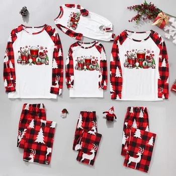 Новая рождественская пижама для всей семьи, Красно-белая клетчатая строчка, Рождественский модный комплект семейных рождественских пижам с мультяшным принтом, детская одежда
