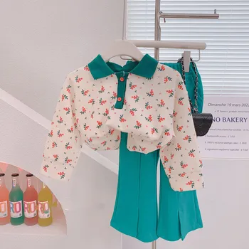 Осенний новый костюм для девочек, Милый свитер с цветочным отворотом + расклешенные брюки, 2 предмета, Весна 2023, Повседневная удобная Детская модная детская одежда