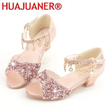 Детская кожаная обувь принцессы для девочек, повседневная блестящая детская обувь для девочек на высоком каблуке, золотые, розовые, серебряные детские сандалии