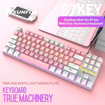 Девушка Розовые колпачки для клавиш K80 проводная игровая металлическая настоящая механическая клавиатура с подсветкой USB Синий переключатель игровая офисная клавиатура