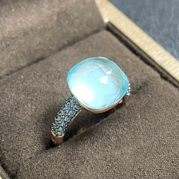  Кольцо с голубым топазом, инкрустированное голубым цирконием с черным покрытием, Плоское кольцо с кристаллами диаметром 12,6 мм Для женщин, модные украшения для вечеринок, подарок