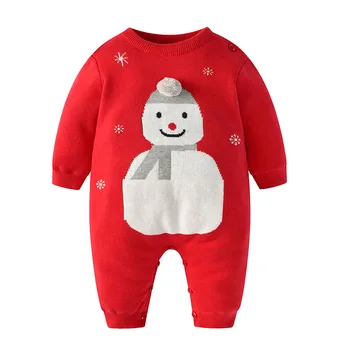 Одежда для новорожденных, боди с длинным рукавом, красный снеговик, Рождественская одежда, теплый вязаный комбинезон, модная одежда для отдыха