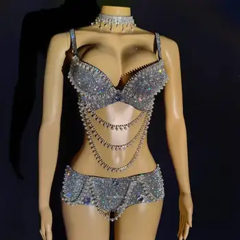 Женский комплект Бикини с блестящими кристаллами, одежда для сценического представления на летней вечеринке, Сексуальный костюм Трансвестита, Рейв-фестиваль
