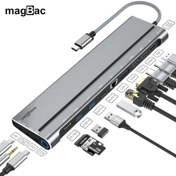 Док-станция-удлинитель для ноутбука magBac USB-концентратор С несколькими портами, тройным дисплеем DP, Двойным HDMI, VGA, Гигабитным Ethernet PD3.0, Зарядкой 100 Вт