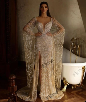 Арабское вечернее платье Русалки с длинным рукавом цвета шампанского, блестящие платья для выпускного вечера с тяжелыми бусинами на заказ, роскошные халаты больших размеров