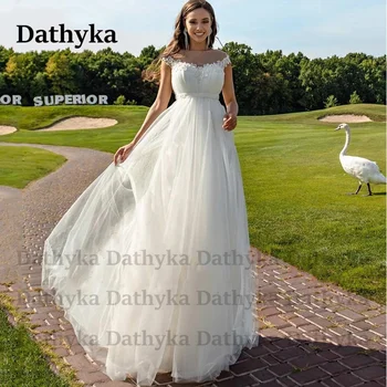 Свадебные платья Dathyka на шнуровке с круглым вырезом 2023, Шлейф Трапециевидной формы для Невесты, Аппликации из Тюля с открытыми плечами, Привлекательный халат De Mariée