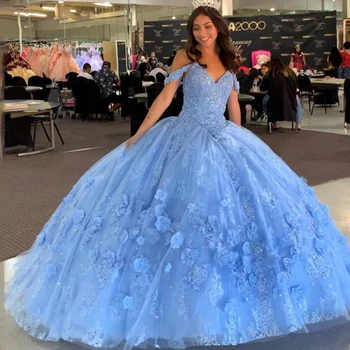 Настоящее Небесно-Голубое Пышное Платье Принцессы 2023, Расшитое Бисером, Аппликации из блесток, 3D Цветы, Милое Вечернее Платье 16, Тюлевое Vestidos De 15 Años