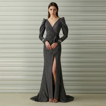 Вечернее платье Jusere, элегантное вечернее платье с длинными рукавами, разрезное вечернее платье со стреловидным шлейфом, черное блестящее платье-русалка