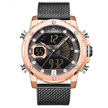 Naviforce ведущие модные мужские часы со стальным ремешком, двойным дисплеем, большим циферблатом, водонепроницаемые студенческие электронные часы 9172s
