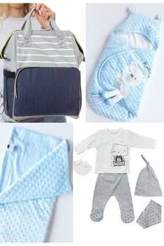 Большой набор для родов из 4 предметов (рюкзак для ухода за ребенком, пеленание из 100% хлопка, одеяло из нута, больничный выход) Хлопок