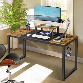 Промышленный компьютерный стол Easyfashion с подставкой для монитора, коричневый/черный в деревенском стиле, компьютерный стол для офиса