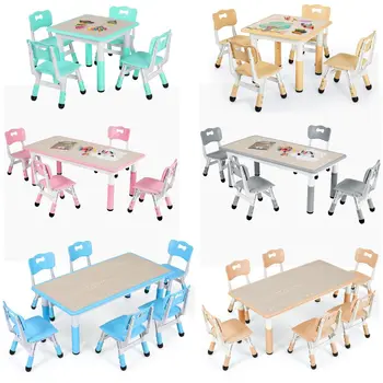 Настольный набор для малышей, Детский рабочий стол, Детский набор стульев, Детский стол и 4 стула, регулируемые по высоте