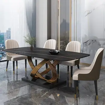 Современный обеденный стол с отделкой из нержавеющей стали, Черно-белая столешница для шести человек, Домашний Прямоугольный Кухонный стол из роскошного мрамора
