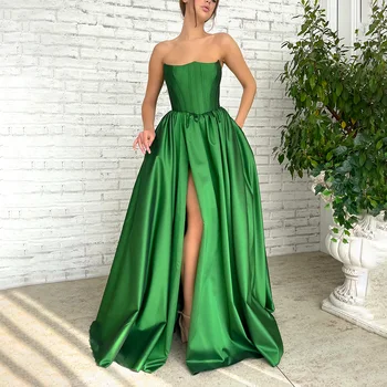 Зеленые Платья для выпускного вечера Трапециевидной формы без бретелек, Драпированный атлас, Сексуальное Длинное платье с разрезом по ноге, Вечернее платье на шнуровке, Вечерние платья для Выпускного вечера 2023
