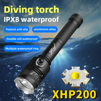 XHP200 Самый яркий фонарик для Дайвинга, Подводный фонарь для дайвинга, 100 м, лампа для освещения 1500 м, Супер водонепроницаемые фонари