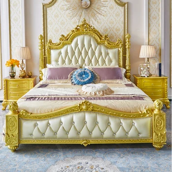 Европейская Кровать из натуральной Кожи, Двуспальная кровать Французского Двора, Главная Спальня из Цельного дерева, Резная Двуспальная кровать