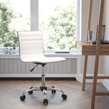 Дизайнерское офисное кресло без подлокотников с низкой спинкой, белое ребристое поворотное рабочее кресло, Хромированная рама