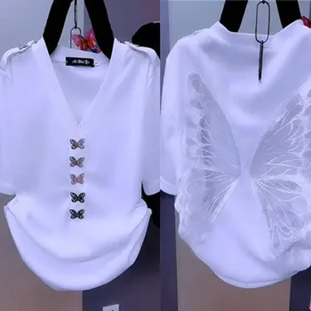 Корейская однотонная футболка, Стильная Бабочка с объемным Украшением, Женские Летние Элегантные Пуловеры с V-образным вырезом и открытой спиной
