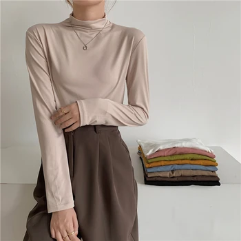 Модальная женская футболка с высоким воротом и длинным рукавом, основа 2023, Осень-зима, Модный Шикарный однотонный топ, Эластичная женская блузка