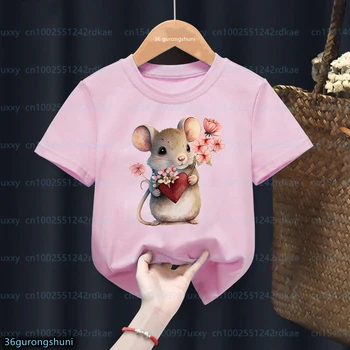 Новые летние стильные футболки для девочек с изображением мыши-коалы с цветами в виде сердца и животным принтом, Летние детские футболки с короткими рукавами, топ оптом