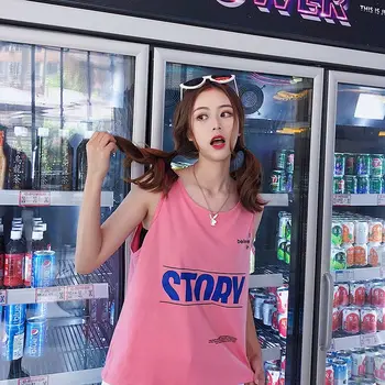 Корейская студенческая футболка без рукавов для женщин, Свободная летняя футболка с буквенным принтом