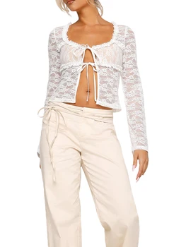 Женский элегантный прозрачный укороченный кардиган с цветочным кружевом и завязкой спереди - стильная клубная одежда с длинным рукавом на весну и лето