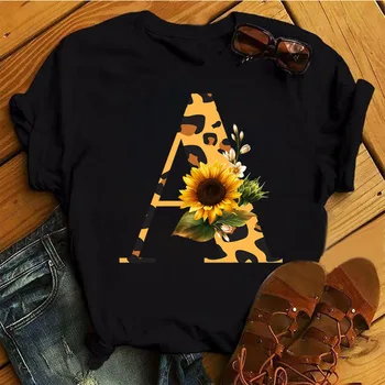 Модная женская футболка С леопардовым принтом Подсолнуха, повседневные топы, Пользовательское название, Буквосочетание, Шрифт A B C D E O, Женская черная футболка