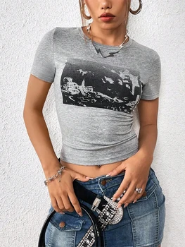 Винтажный готический укороченный топ для женщин, гранж, темная эстетическая футболка в стиле Харадзюку, панк, графические топы Y2K Going Out