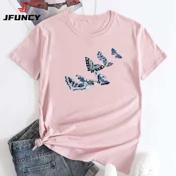 Женская Хлопковая футболка JFUCNY, Женская футболка с коротким рукавом, Модная футболка с графическим рисунком, Женская летняя одежда 2022, Повседневный Свободный Топ