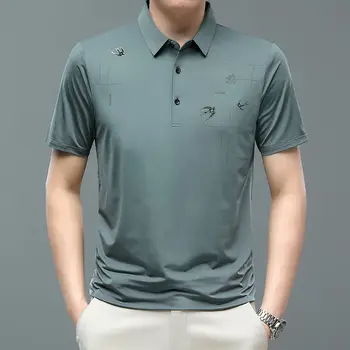 Мужская дизайнерская одежда, Летняя Свободная футболка с отложным воротником, Поло в полоску с графическим принтом на пуговицах, повседневные модные топы