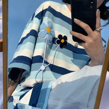 Harajuku Милая футболка в синюю полоску с круглым вырезом, Летние Футболки с коротким рукавом и цветочной вышивкой, Y2k E-Girl, Свободные топы средней длины Для женщин