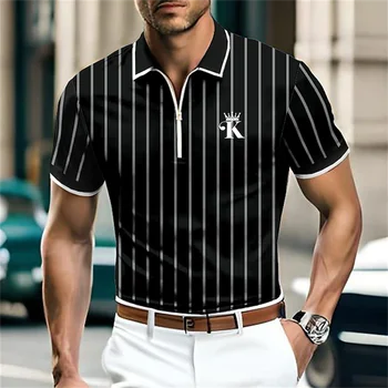 Простая мужская рубашка-поло на молнии с принтом буквы K, мужская одежда, Летние повседневные топы с короткими рукавами, Свободные Рубашки Оверсайз и блузки