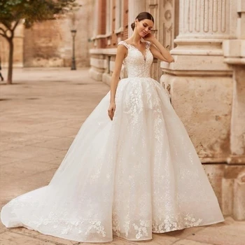 Бальное платье Свадебное платье Принцессы 2023, расшитое бисером, V-образный вырез, Аппликации без рукавов, Свадебное платье на шнуровке, Vestidos De Novia
