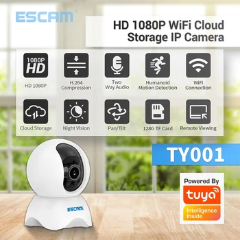 ESCAM TY001 2MP 1080P Поддержка Беспроводной внутренней связи Tuya PTZ IP-камера AI Humanoid Автоматическое отслеживание CCTV Монитор