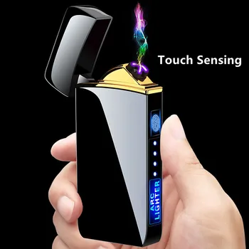2023 Ветрозащитная металлическая зажигалка, Двухдуговая Беспламенная Плазменная Зарядка, USB-зажигалка, светодиодный сенсорный датчик, зажигалка для мужчин в подарок