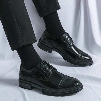 Мужские туфли в стиле Дерби, Деловая мужская обувь на шнуровке, черные Коричневые мужские туфли из искусственной Кожи с Бесплатной доставкой, Размер 38-46, мужские модельные туфли