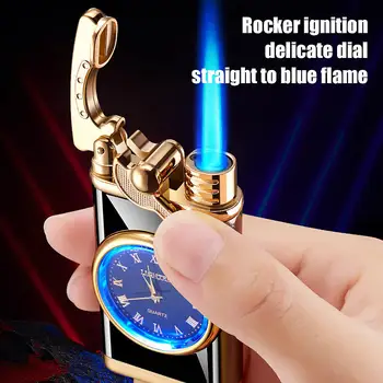 Коромысло с Автоматическим зажиганием, Зажигалка с прямым синим пламенем, Креативная надувная ветрозащитная зажигалка с реальным циферблатом, мужские часы в подарок, Новинка