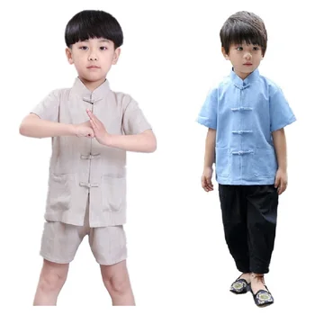 Костюмы для маленьких мальчиков Кунг-фу, Китайские Традиционные костюмы, Детская футболка, Короткие брюки, Костюм Танг, Льняные Дышащие Трикотажные топы