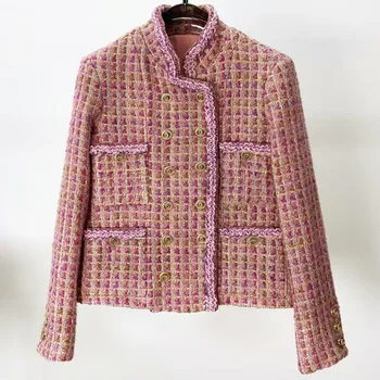 Smll ароматное розовое двубортное шерстяное короткое пальто со стоячим воротником, женская осенне-зимняя твидовая вязаная верхняя одежда в стиле ретро