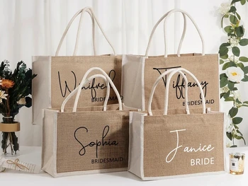 Персонализированные подарочные сумки-тоут из мешковины для подружек невесты, сумки-тоут с индивидуальным названием, джутовая сумка-тоут, подарок на день благодарения, свадебные сумки для покупок