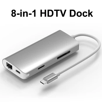 Док-станция USB 3.1 Type C К HDMI-совместимому адаптеру HD 4K TF SD Card Reader USB 3.0 Rj45 Кабель для подключения ноутбука MacBook Pro Air к телевизору