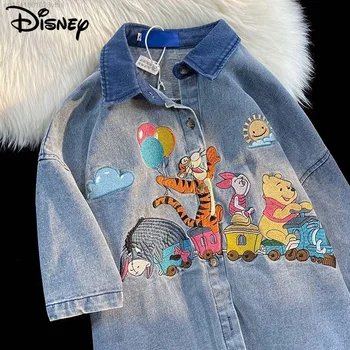Джинсовая рубашка с коротким рукавом Disney Pooh Bear, Женская Блузка, Уличная одежда Y2k, Модная Вышитая футболка в стиле хип-хоп Grune, Женская футболка