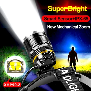 1000000LM Светодиодный датчик налобного фонаря XHP90.2 Фара со встроенным аккумулятором Фонарик USB Перезаряжаемый Головной фонарь Torch Light Фонарь